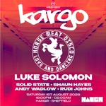 Promotional poster for Kargo featuring Horse Meat Disco – Love and Dancing. Large white Kargo logo appears over a pink and purple industrial-style background. A circular Horse Meat Disco logo with a dancing horse silhouette is centred. Line-up text includes Luke Solomon, Solid State, Shaun Hayes, Andy Wadlow and Rudi Johns. Event details: Saturday 1 August 2026, 6:00pm–2:00am, HANGR, Sheffield. Live Republic and HANGR logos appear at the top and bottom.