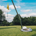 A close up of a putter about to hit a golf ball towards the hole on a green.