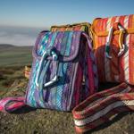 Two bags sat on a rock in the countryside.