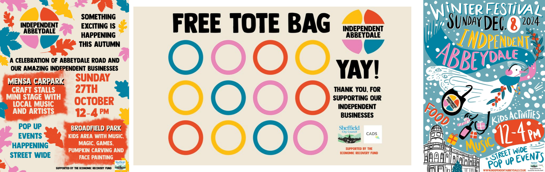 Eye-catching designs for the Autumn Festival and Winter Festival in Abbeydale and printed vinyl stickers advertising free tote bags.