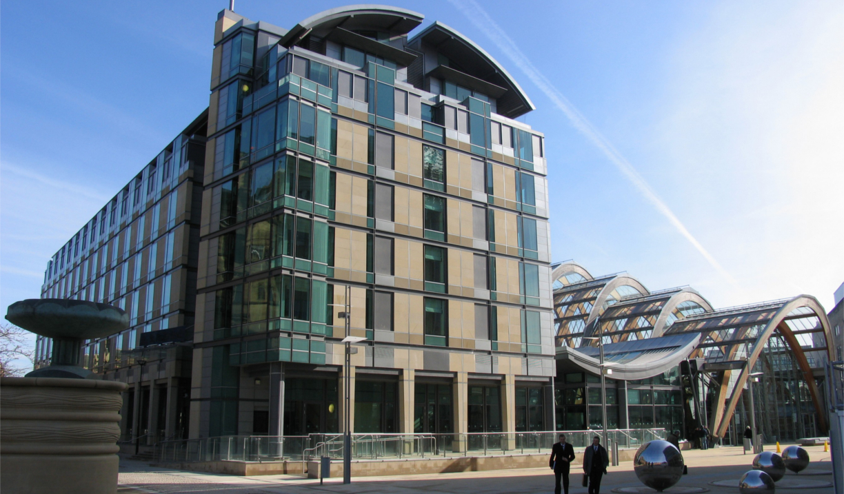The Mercure Sheffield St Pauls Hotel  & Spa in bright sunshine, next to the Sheffield Winter Garden and the Millennium Square.