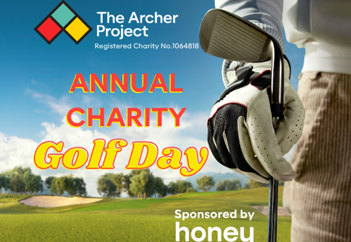 Promo image for the event listing all the details along side a close up of a gloved hand holding a golf club.