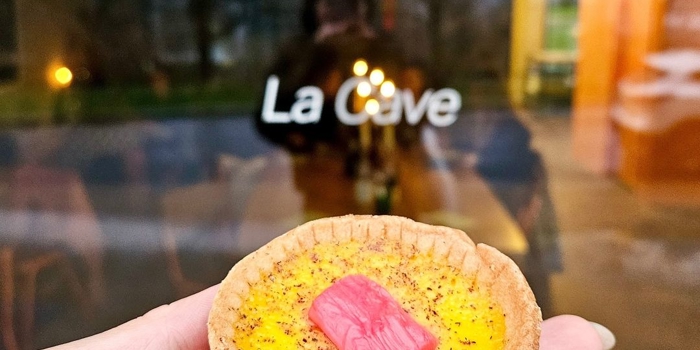 A hand holding an individual tart.