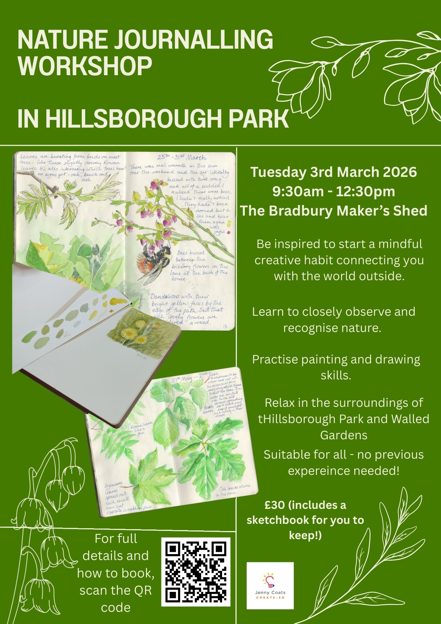 Poster for the event, listing the details, surrounded by drawings and paintings of plants.