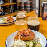 A table filled with food and drinks.