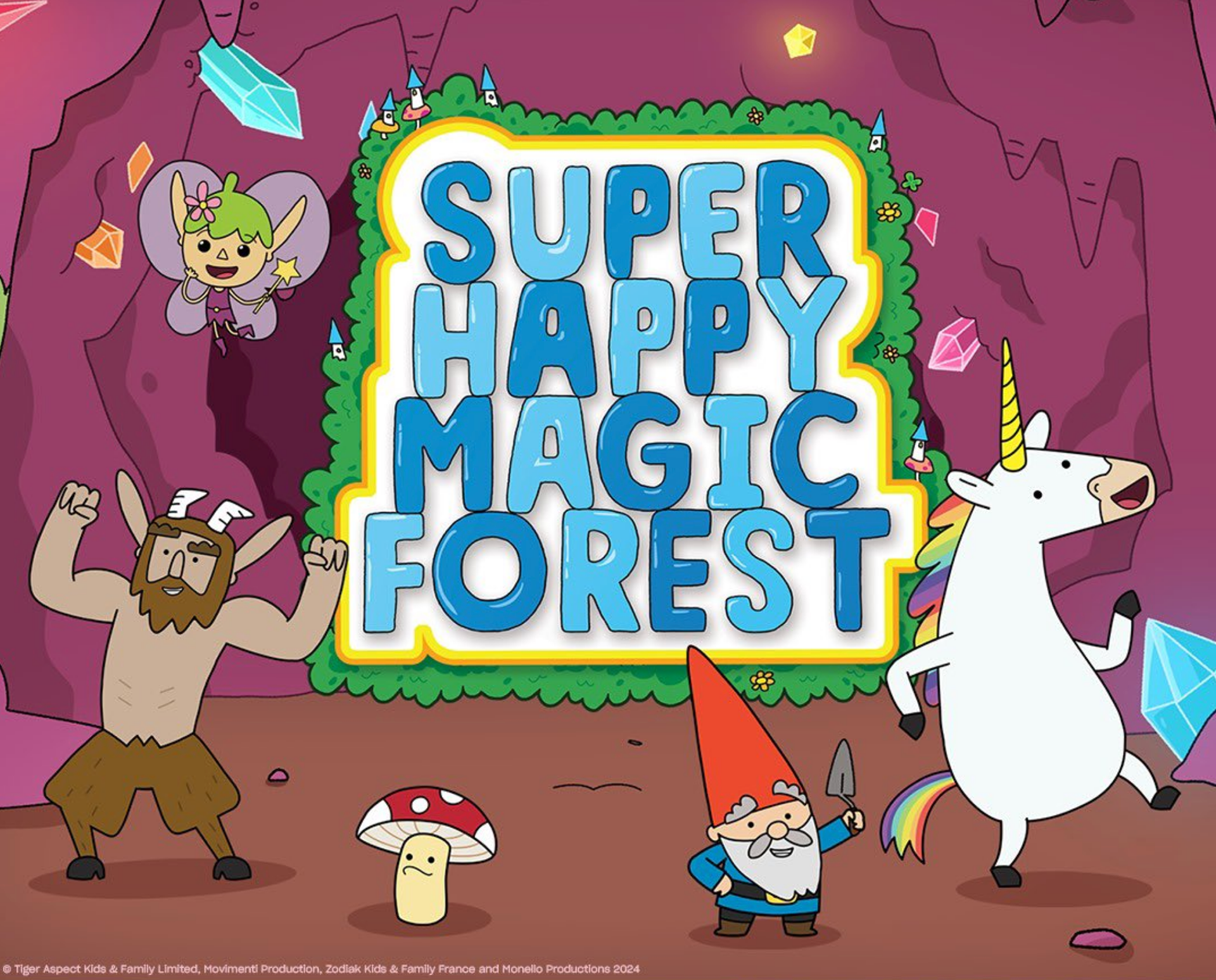 An illustration, by Matty Long, of some of the Super Happy Magic Forest characters, including a unicorn, a gnome, a mushroom, a fairy and a satyr. 