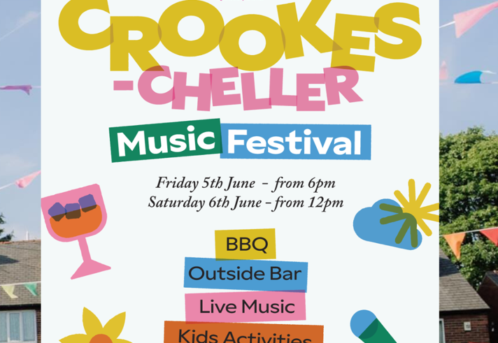 Get ready for an unforgettable weekend at the Crookes-Cheller Music Festival at The Punch Bowl on 5th and 6th June. Poster for the event.