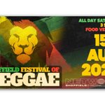 Promotional poster for Sheffield Festival of Reggae on 15th August 2026. Features a stylized lion head in yellow, red, and green against a textured background with diagonal stripes in reggae colors. Text highlights: “Sheffield Festival of Reggae,” “All Day Saturday,” “3 Stages,” “Food Vendors,” and “Network Sheffield” at the bottom. Bold yellow date text stands out on the right side.