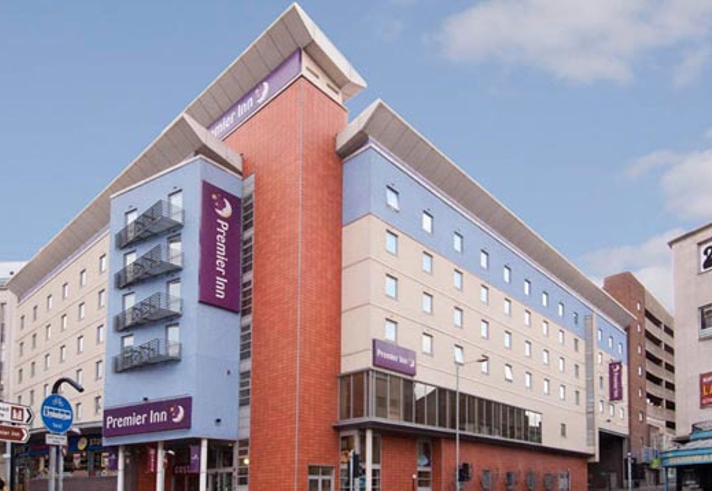 The exterior of the Premier Inn on Angel Street in Sheffield city centre.