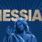 Promotional graphic for Messiah. Large gold letters spelling “MESSIAH” stretch across the top against a dark blue background. Below, a stylised blue illustration of a robed figure with long hair raises one hand. Bright blue rays radiate outward from behind the figure, creating a halo-like effect. The design uses shades of blue with metallic gold lettering and a dramatic, religious-inspired visual style.