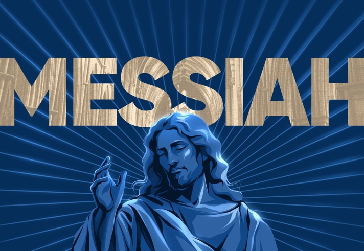 Promotional graphic for Messiah. Large gold letters spelling “MESSIAH” stretch across the top against a dark blue background. Below, a stylised blue illustration of a robed figure with long hair raises one hand. Bright blue rays radiate outward from behind the figure, creating a halo-like effect. The design uses shades of blue with metallic gold lettering and a dramatic, religious-inspired visual style.