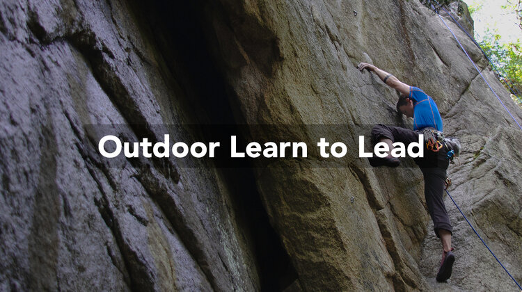A man climbing a rocky outcrop in a wood. Over the image are the words 'Outdoor Learn To Lead'.