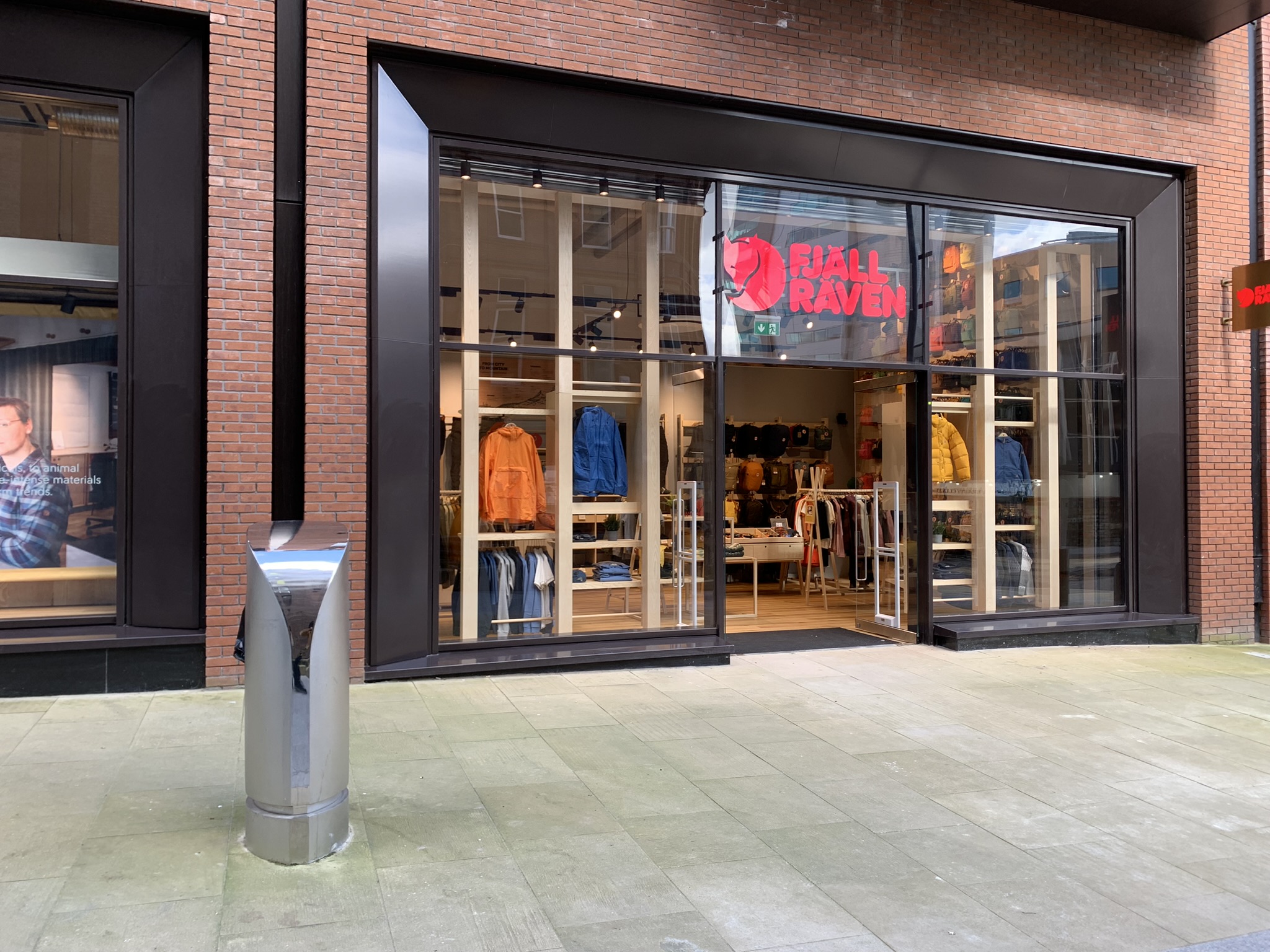The entrance and window displays at the Fjallraven store in Sheffield.