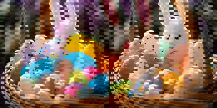 A basket full of brightly coloured Easter eggs and a toy bunny.