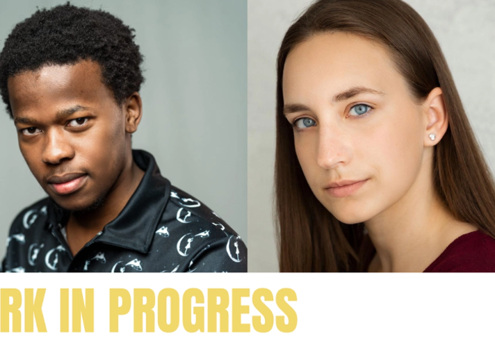 Promotional graphic featuring two head-and-shoulders portrait photographs side by side against plain backgrounds. The left portrait shows a person wearing a dark patterned collared shirt, while the right portrait shows a person with long straight hair wearing a burgundy top. Large gold text across the bottom reads: “WORK IN PROGRESS”.