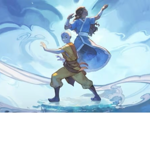 Illustrated fantasy scene featuring two stylised figures posed back-to-back on a small icy platform. One figure stands in a martial arts stance, while the other raises both arms overhead. Swirling clouds and flowing currents of air or water surround them in shades of blue and white. The artwork uses soft lighting and dynamic movement, creating a magical, elemental atmosphere.