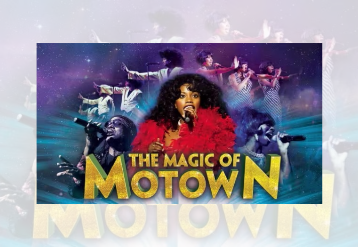 Promotional graphic for “The Magic of Motown”. A collage of performers singing into microphones is set against a cosmic purple and blue background with stars and light effects. At the centre, a singer in a bright red feathered outfit stands in the foreground, surrounded by images of other vocalists and dancers in performance poses. Large gold glitter-style text at the bottom reads “THE MAGIC OF MOTOWN”.