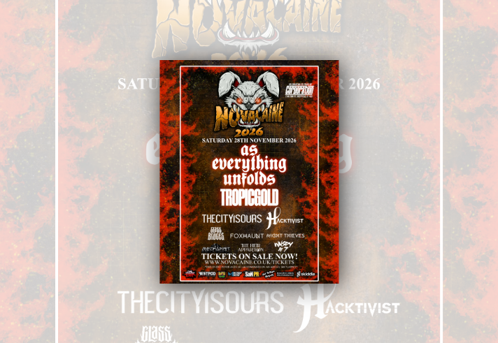 Colourful music festival poster for Novacaine 2026 at Corporation, Sheffield, celebrating 25 years of the venue. A fierce cartoon rabbit head with glowing eyes appears above the event title. The event takes place on Saturday 28 November 2026. Featured acts include As Everything Unfolds, Tropic Gold, Thecityisours, Hacktivist, Glass Bridges, Foxhaunt, Night Thieves, The Mechanist, The Heir Apparition and WNSDY AT 7. Tickets are on sale via novacaine.co.uk/tickets. Red and black grunge-style background.
