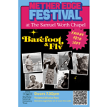 Poster for Netheredge Festival at The Samuel Worth Chapel. Headline image promotes Barefoot & Fly, with a pink starburst announcing “Friday 18th Sept”. A collage of black-and-white photos shows band members performing with guitar, vocals, trumpet, saxophone and bass. Event details at the bottom include: doors 7.30pm, tickets £10 plus fees, website gencem.org/whats-on, Sheffield General Cemetery Trust logo and a QR code for booking.