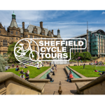 The Sheffield Cycle Tours logo overlaid on a photo of the Peace Gardens in Sheffield city centre with Sheffield Town Hall in the background.