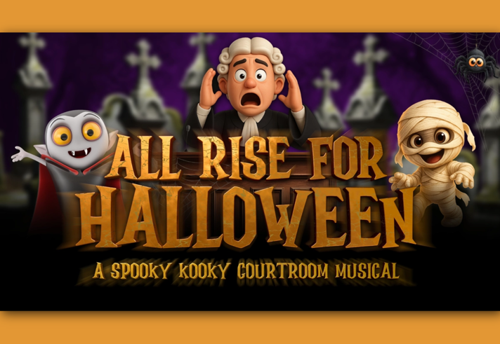 A CGI cartoon image of a courtroom judge, flanked by a mummy and a vampire.