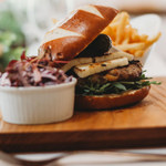 Burger and fries at the Rhubarb Shed Cafe.