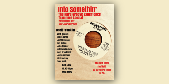 Poster for the event with the details overlaid on an old 7" single bag.