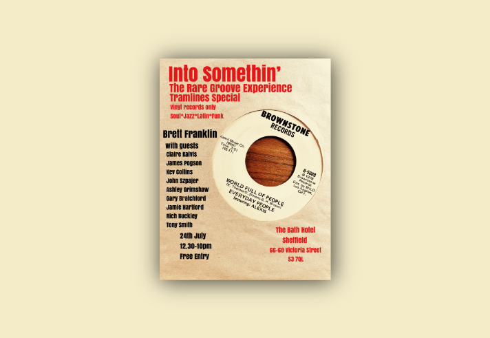Poster for the event with the details overlaid on an old 7" single bag.