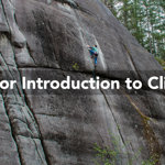 A person climbing a grit stone rock face. Over the image are the words 'Outdoor Introduction To Climbing'.