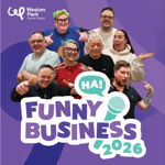 Promotional graphic for Weston Park Cancer Charity's “Funny Business 2026” event. Eight people are arranged around a large event logo featuring a speech bubble with “HA!” and a microphone icon. The group pose with thumbs up, pointing gestures and raised hands against a purple geometric background. The Weston Park Cancer Charity logo appears in the top left. Large text reads: “FUNNY BUSINESS 2026”.