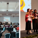 Split image showing a Ukrainian Christmas Market. Left: a large hall with tables, stalls and visitors eating, browsing and socialising beneath a projected event banner. Right: three performers in embroidered traditional clothing sing into microphones on a stage, one holding a festive star on a pole. A decorative backdrop and Christmas greenery frame the performance.
