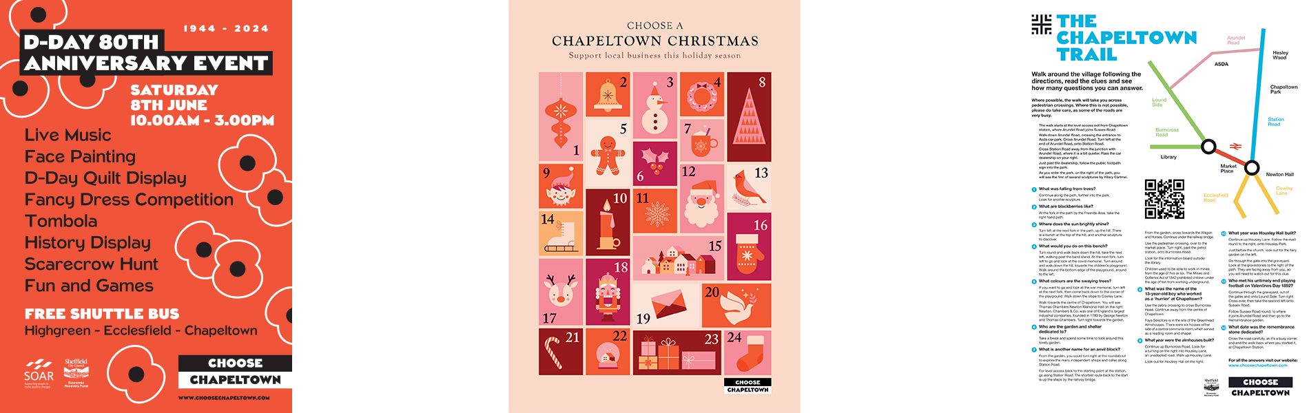 Three posters promoting Chapeltown events. Left: Red poster for D-Day 80th Anniversary Event on 8th June with activities like live music, face painting, and free shuttle bus. Center: Pink poster titled ‘Choose a Chapeltown Christmas’ with festive illustrations. Right: Blue and white poster for ‘The Chapeltown Trail’ showing a map, QR code, and details about local attractions.