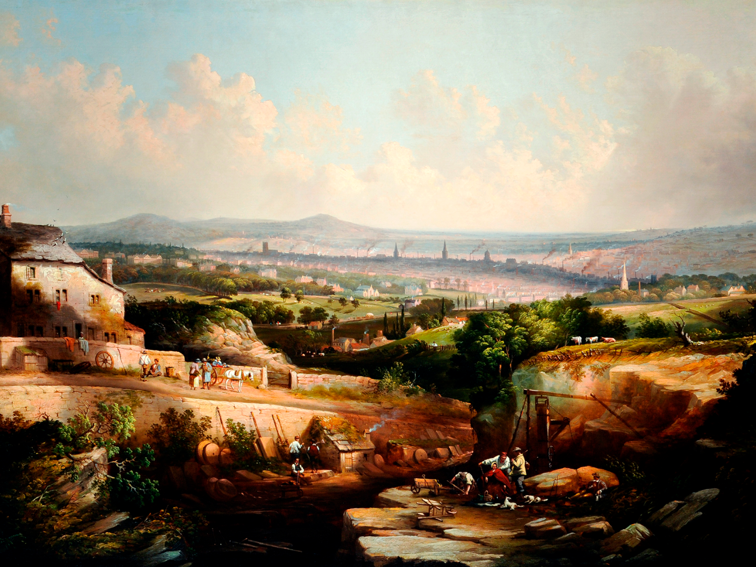 A 19th-century landscape painting showing a quarry scene in the foreground with workers and equipment, including wooden beams and ropes. To the left, a stone building stands near a dirt track where people and horses are visible. Beyond, rolling green fields lead to a distant industrial town with numerous church spires and chimneys under a bright sky with scattered clouds.
