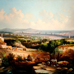 A 19th-century landscape painting showing a quarry scene in the foreground with workers and equipment, including wooden beams and ropes. To the left, a stone building stands near a dirt track where people and horses are visible. Beyond, rolling green fields lead to a distant industrial town with numerous church spires and chimneys under a bright sky with scattered clouds.