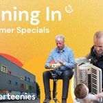 Promotional graphic for “Tuning In – Summer Specials”. Against a warm yellow-orange background, a modern grey building with brightly coloured window frames appears on the left above the text “Concerteenies”. On the right, two musicians perform interactive music for young children; one plays a small percussion instrument while seated, and another plays an accordion. A child reaches towards the accordion while an accompanying adult sits nearby. A small logo appears at the top right.