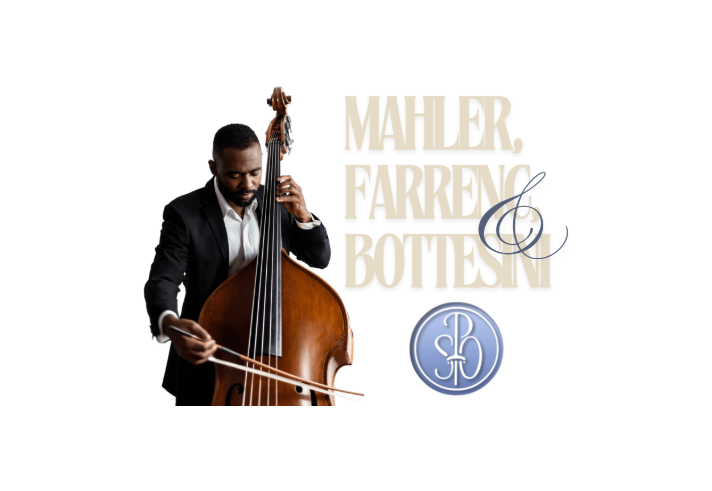 Promotional graphic for a classical music programme titled “Mahler, Farrenc, Bottesini.” On the left, a musician in a black suit and white shirt plays a large wooden double bass with a bow. On the right, the title appears in large cream-coloured lettering against a light grey background, with a decorative blue treble clef overlay. A circular blue-and-white monogram logo is positioned at the bottom right.