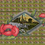 A collage-style artwork featuring a central diamond-shaped image of an industrial scene with factory buildings and chimneys, overlaid with running white horses. Surrounding the image are large illustrated red poppies and green leaves. The background is a repeated pattern of framed pictures showing horses in motion, creating a layered, textured effect. Image Credit: Jennifer Vanderpool.