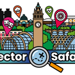 The Sector Safari logo that features a colourful illustration of some of the landmark building in Sheffield city centre such as the Town Hall, Sheffield Winter Garden and the Moor Market.