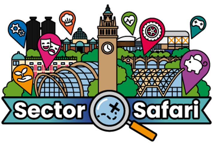 The Sector Safari logo that features a colourful illustration of some of the landmark building in Sheffield city centre such as the Town Hall, Sheffield Winter Garden and the Moor Market.