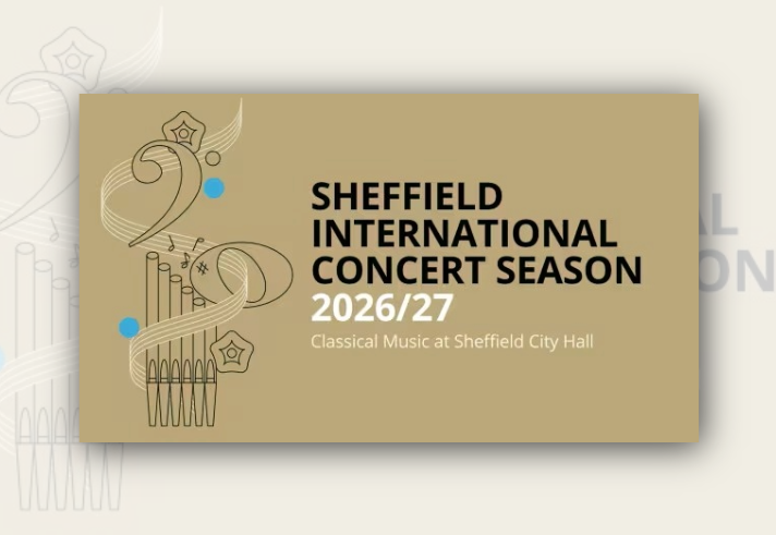 Promotional graphic for Sheffield International Concert Season 2026/27. A beige background features abstract line art inspired by musical symbols, including a large bass clef, flowing staff lines, notes and decorative shapes with blue accents. Bold black and white text reads: “Sheffield International Concert Season 2026/27” and “Classical Music at Sheffield City Hall”.