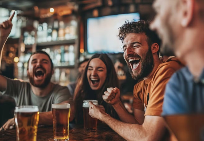A group of young women and men laughing and enjoying some beers at the bar BOX Sheffield.