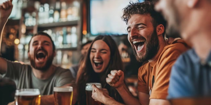 A group of young women and men laughing and enjoying some beers at the bar BOX Sheffield.