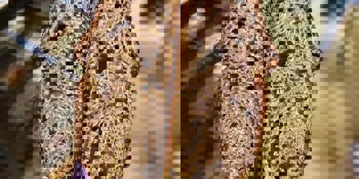 A hand holds a load of bread that has been cut in half.