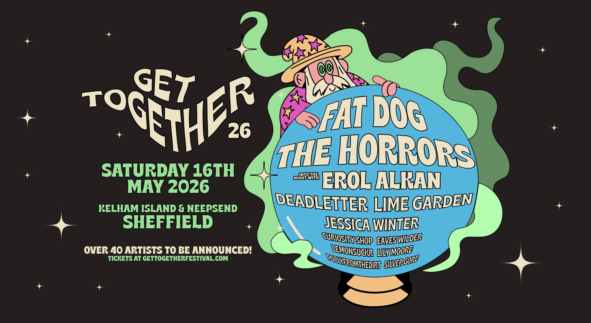 Illustrated festival poster for “Get Together 26” featuring a cartoon wizard holding a crystal ball listing artists.