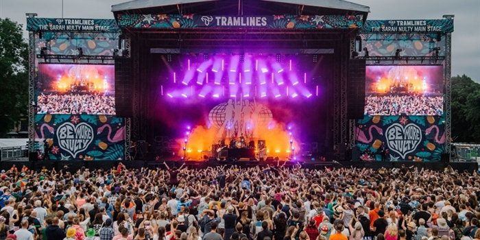 A huge crowd in front of the main stage at the Tramlines Festival.
