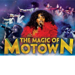 Promotional graphic for “The Magic of Motown”. A collage of performers singing into microphones is set against a cosmic purple and blue background with stars and light effects. At the centre, a singer in a bright red feathered outfit stands in the foreground, surrounded by images of other vocalists and dancers in performance poses. Large gold glitter-style text at the bottom reads “THE MAGIC OF MOTOWN”.