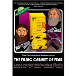 Poster for a supernatural theatre show on a black background. A colourful illustration shows a yellow filing cabinet surrounded by lightning, a flying saucer, a black glove, and two bearded figures. Text includes: “The Occultaria of Albion presents The Filing Cabinet of Fear”. A quote at the top reads: “An occult spectacular in every sense - original, funny and unpredictable.” Credits name Richard Daniels and Linoleum Department.