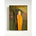 Abstract painting on a rectangular wooden panel. A simplified human-like figure stands behind a dark vertical tree trunk, with a pale face, bright red eyes and a flowing yellow-orange garment. The background is painted in muted greens, browns and ochres, with loose brushstrokes suggesting foliage and landscape. The artwork has an earthy, atmospheric quality and hangs against a plain white wall.
