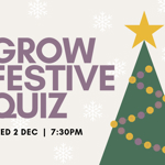 Graphic promoting a Grow Festival Quiz. Large purple text reads “GROW FESTIVE QUIZ” on a pale background decorated with white snowflakes. A stylised green Christmas tree with a gold star and purple-and-gold garland appears on the right. Event details at the bottom read: “Wed 2 Dec | 7:30pm”.