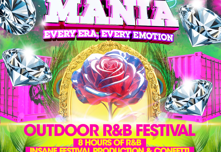 Colourful poster for the event, listing all the details, an an image of a rose.